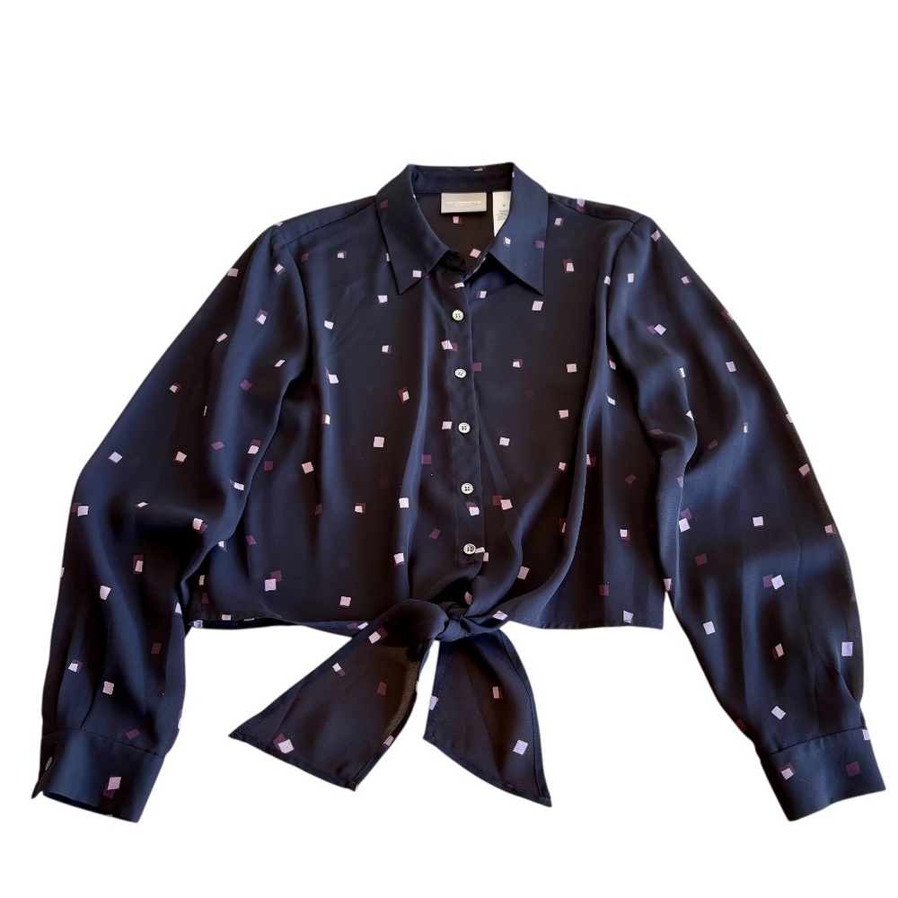 NWT Liz Claiborne Blouse Black Purple Geometric Print Tie Front‎ Size 10